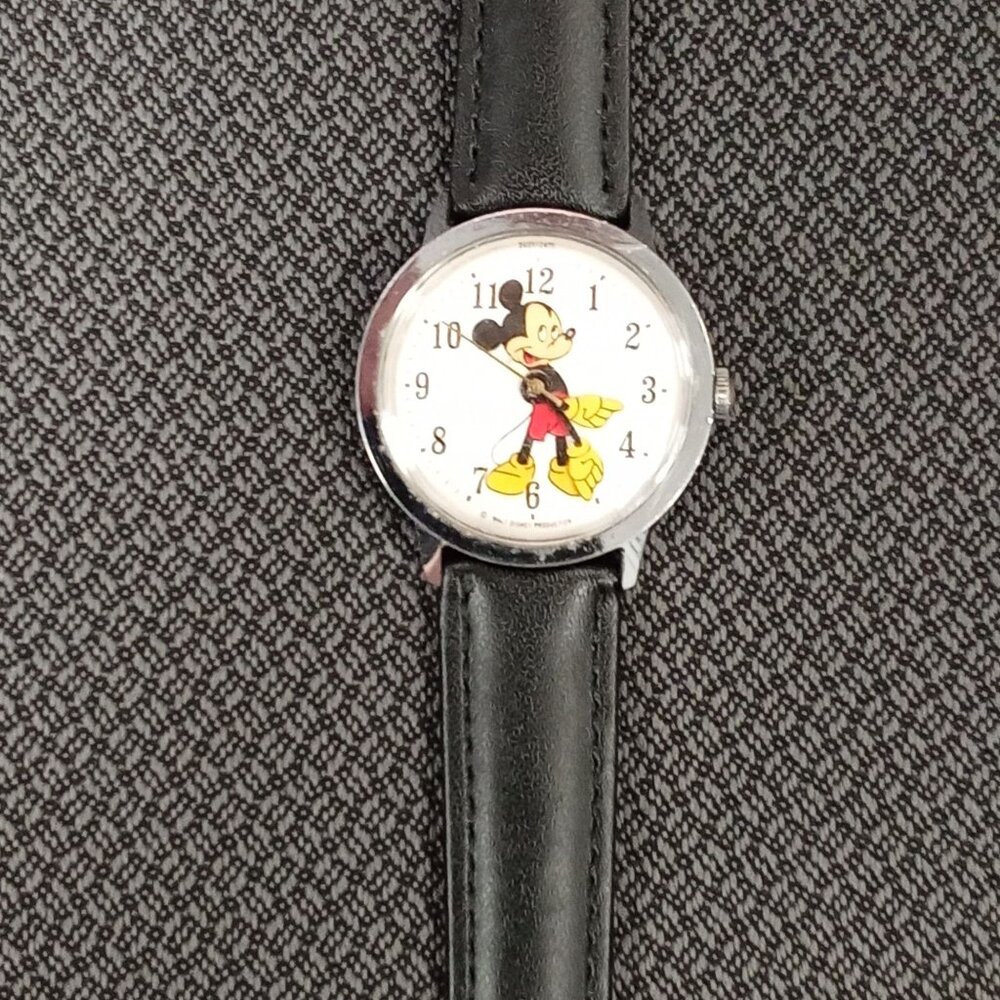 Timex Mickey Mouse Watch With Black Leather Strap & Silver Case